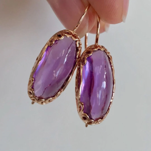 Rare vintage 14K Earrings with Amethyst Cabochon USSR 583 Rose Gold Soviet Retro Russian