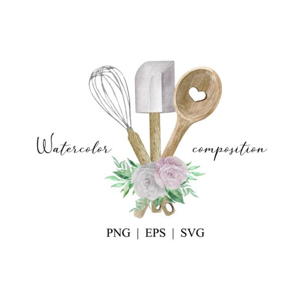 Watercolor Logo with baking utensils and flowers