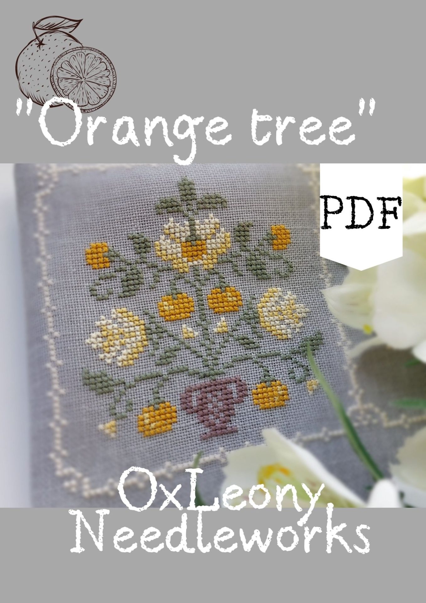 Orange tree Primitive cross stitch pattern PDF, Citrus fruit sampler 2 Orange tree Primitive cross stitch pattern