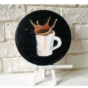 Original Still life Painting Cup of coffee Round Wall Art 20 cm.
