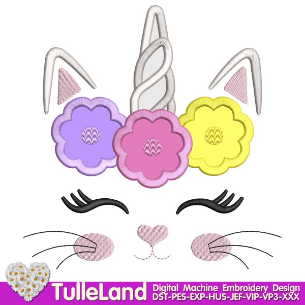 Cat Unicorn flowers Machine embroidery design