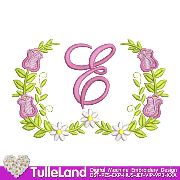 Frame with flowers Letter E Machine embroidery design