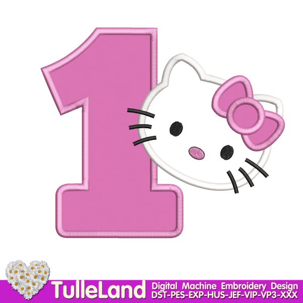 Kids Cute Kitty with number One Machine embroidery design