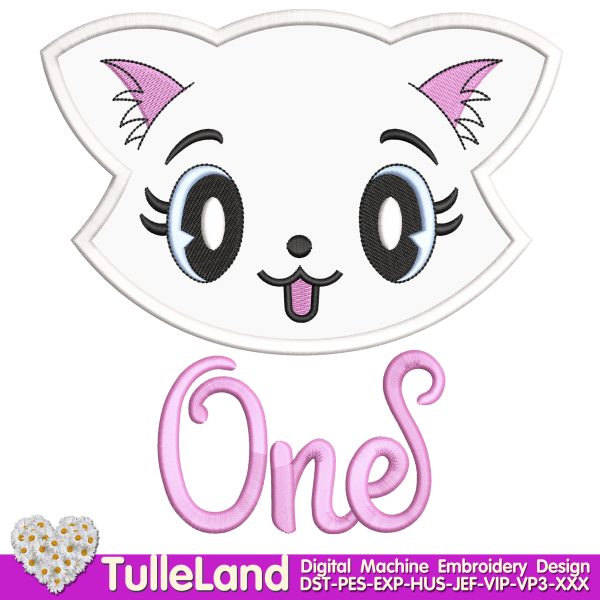 Kids Cute Kitty with number One Machine embroidery design