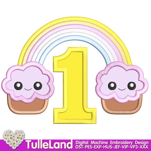 Rainbow Clupcake with number One Machine embroidery design