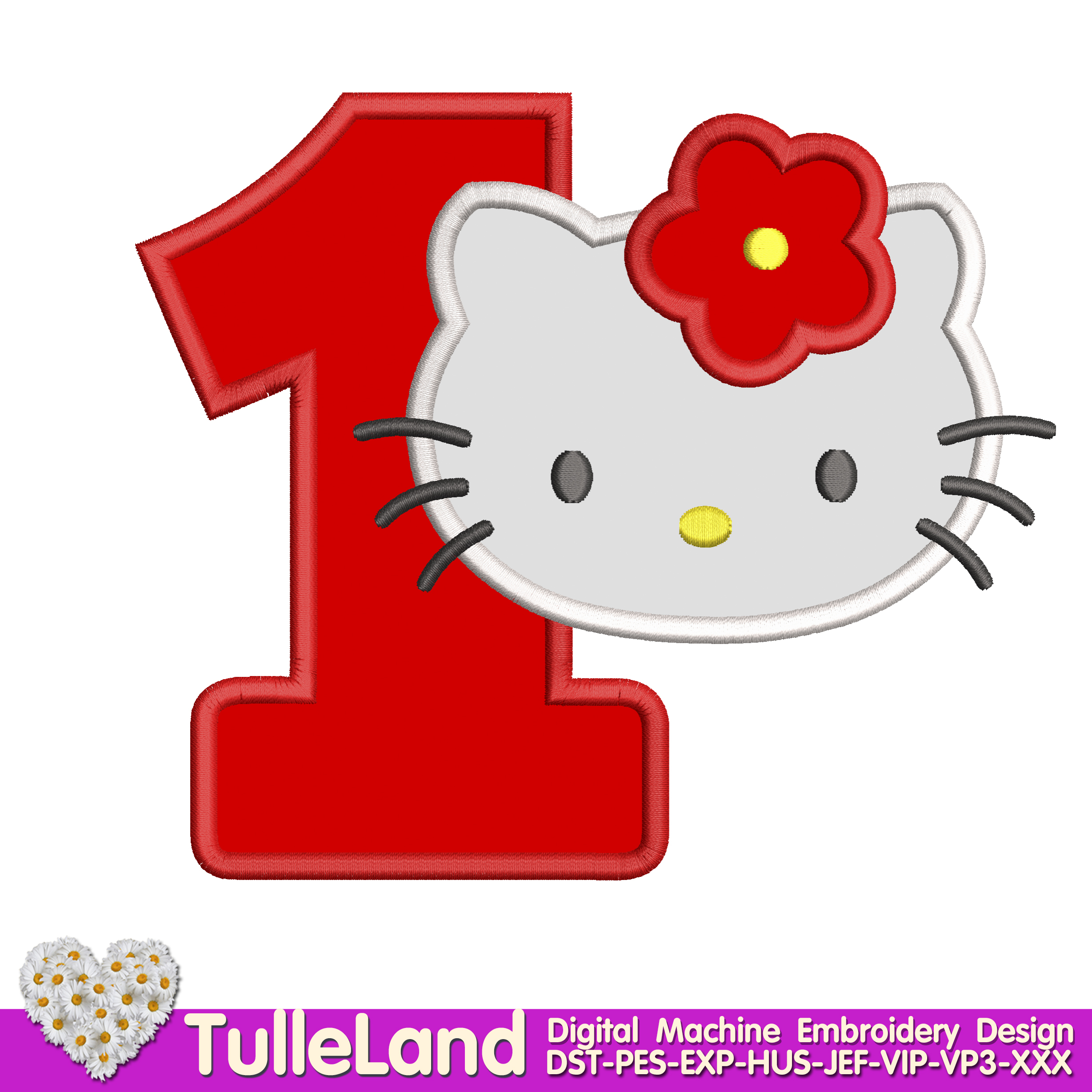 Kids Cute Kitty with number One Machine embroidery design