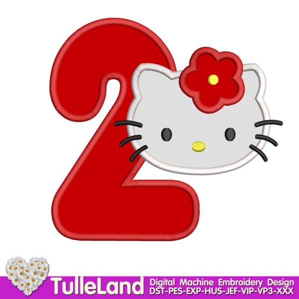Kids Cute Kitty with number Two Machine embroidery design
