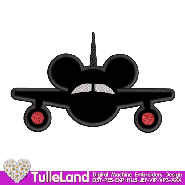 Mouse airplane applique Machine embroidery design