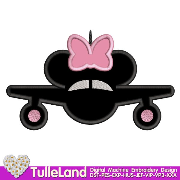 Miss Mouse airplane applique Machine embroidery design