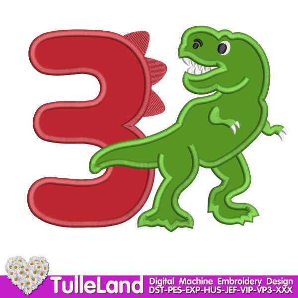 Three Rex Dino 3rd Birthday Machine embroidery design