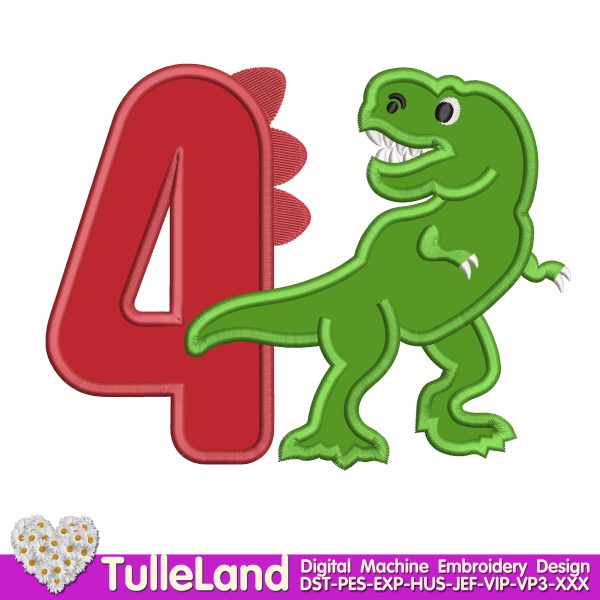 Rex Dino 4th Birthday Machine embroidery design