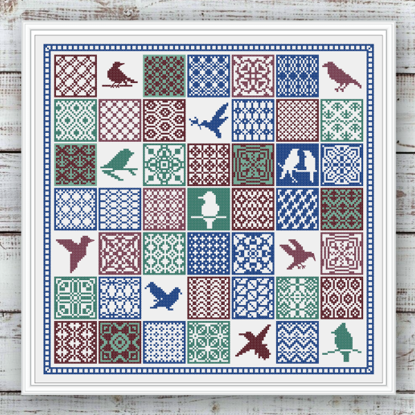 Cross Stitch Pattern Ornament Sampler Birds Color Squares Digital PDF 100-1