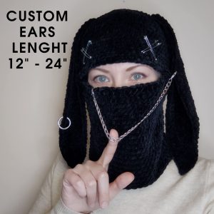 Black bunny balaclava. Velvet crochet balaclava with long bunny ears with chain and charms