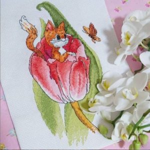 Tulip Cross Stitch Pattern, Red-headed cat cross stitch