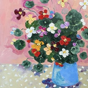 Nasturtium in a blue vase Flowers bouquet Oil painting Fauvism art