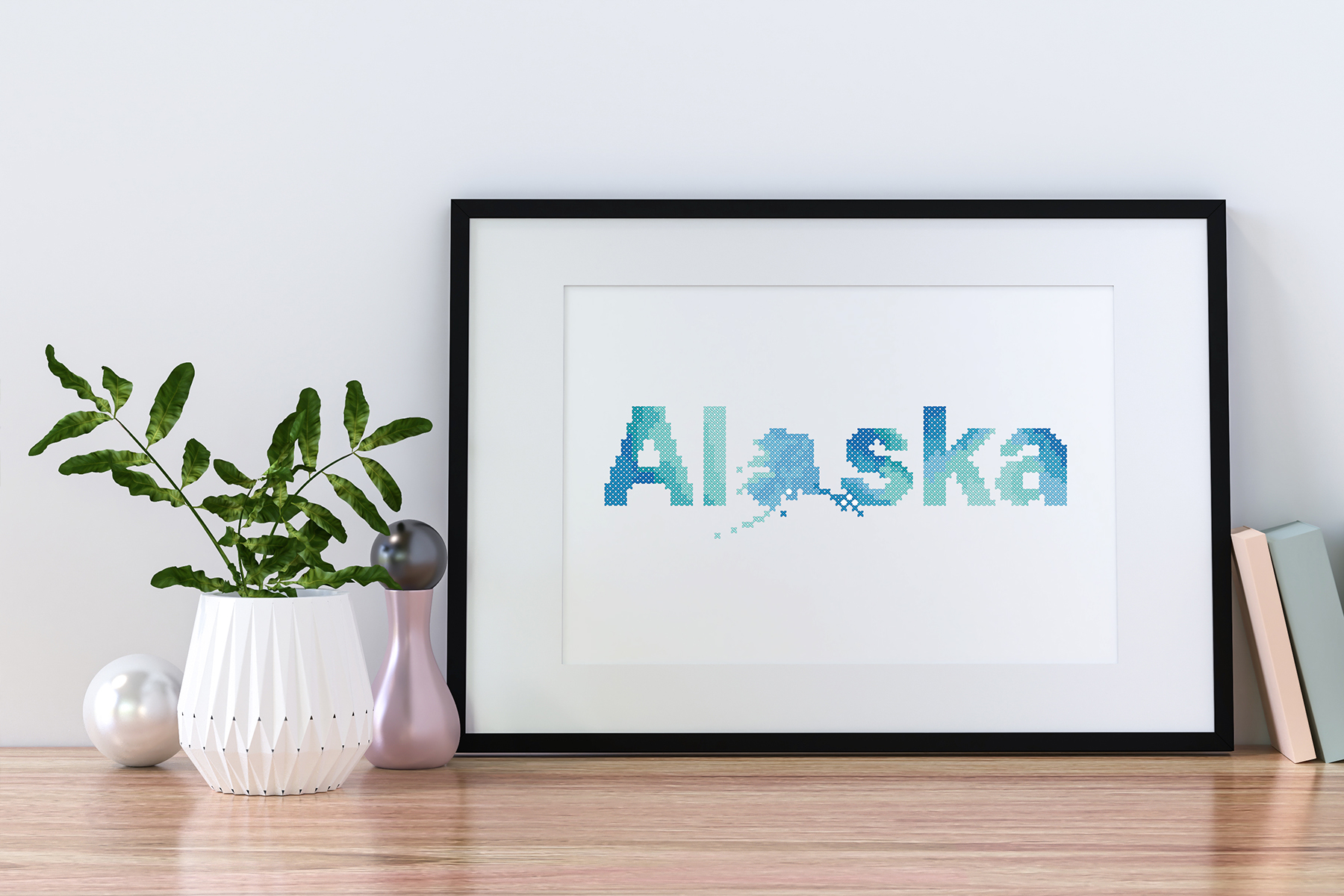 Alaska state cross stitch pattern PDF. Blue Alaska lettering 3 Alaska blue gradient lettering cross stitch pattern