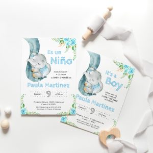 Blue elephant baby shower invitation boy editable Corjl
