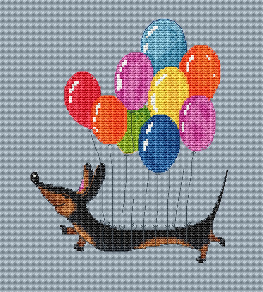 Dachshund Cross Stitch Pattern, Dog and Balloons chart
