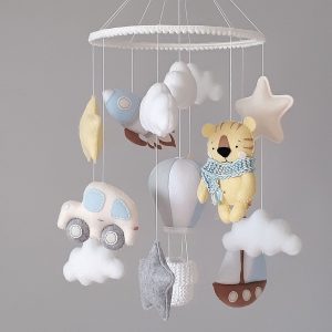 Baby nursery mobile with tiger, car, rocket, boat and hot balloon