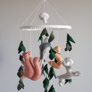 Forest mobile with hare, fox, owl, squirrel and gray jay