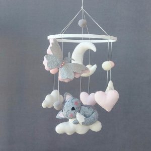 Baby mobile Cat, Stars crib mobile gray and pink mobile, Butterfly mobile montessori, Mobile nursery, Felt ball mobile, Baby felt mobile