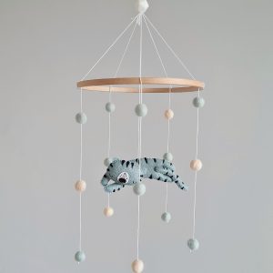 Minimalist felt mobile with pompoms and a tiger. Entirely handmade