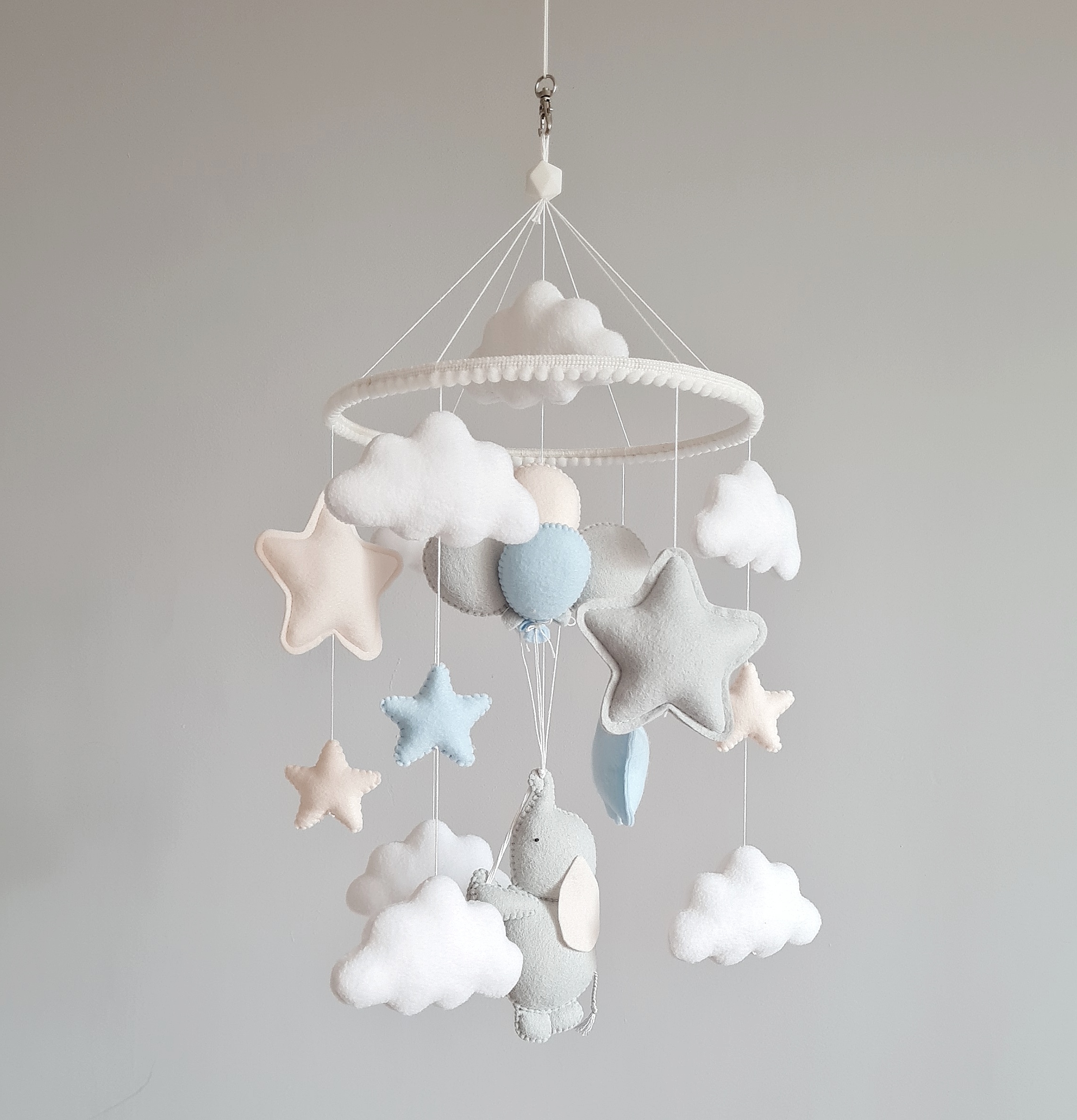 Elephant baby mobile, Stars and Clouds baby decor, Crib toys