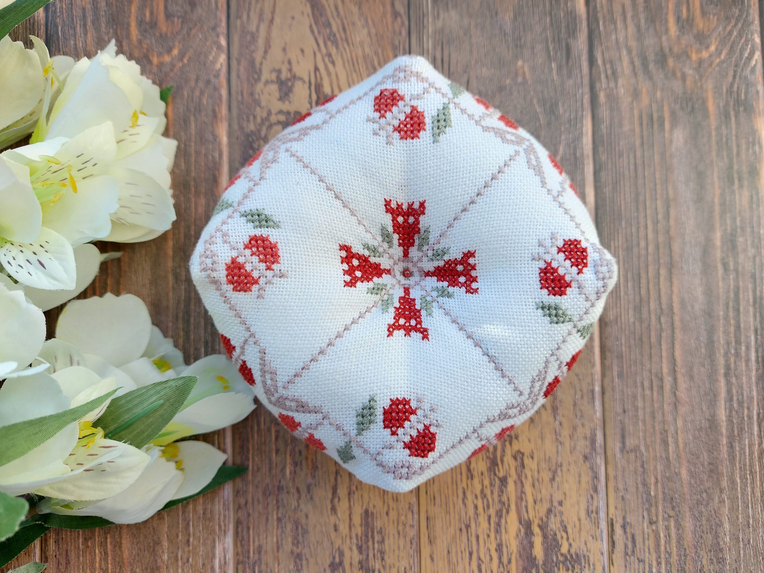 Red Pomegranate Biscornu cross stitch pattern PDF 6 Primitive pattern, Instant Download