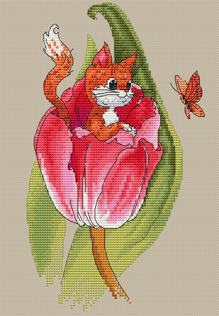 Tulip Cross Stitch Pattern, Red-headed cat cross stitch 6 Tulip Cross Stitch Pattern, Red-headed cat cross stitch - Image 6