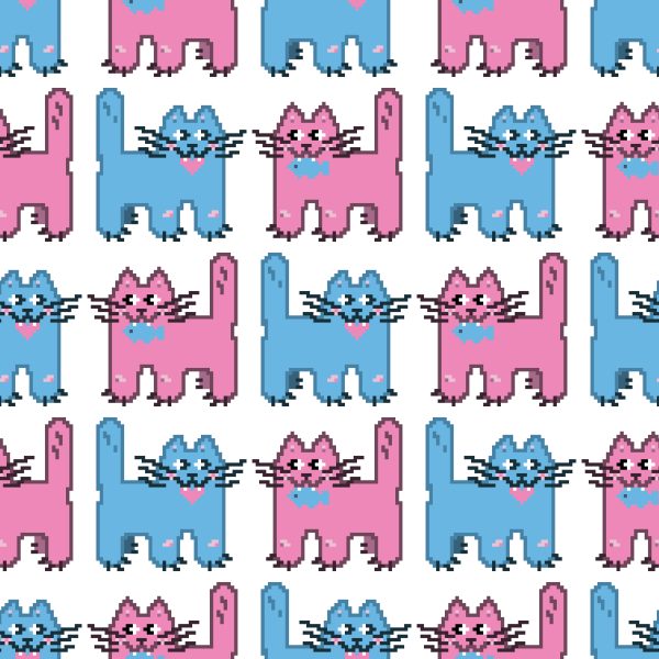 Seamless pattern cute cats pixel graphics