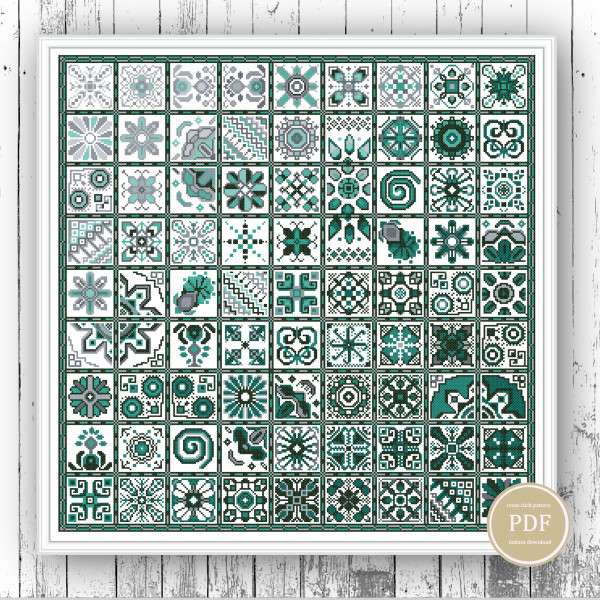 Cross Stitch Pattern Patchwork Tiles-Green Sampler-Geometric Squares 88