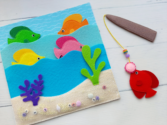 Cat and Fish Quiet Book PDF Pattern & Tutorials, Felt Activity Book for Kids,  Fishing Quiet Book Template, Felt Book Ideas for Toddler 