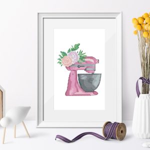 Baking cross stitch pattern vintage pink mixer with flowers