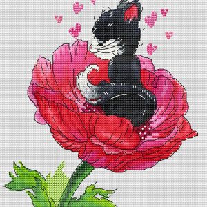 “Anemone” Cross Stitch Pattern, Black cat cross stitch chart.