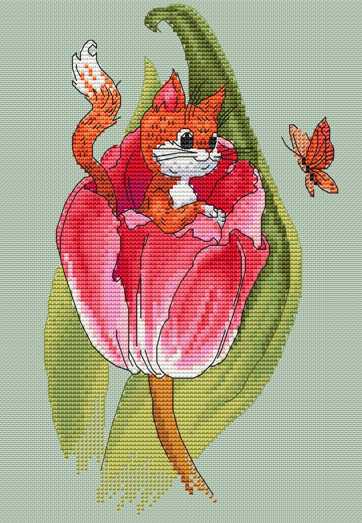 Tulip Cross Stitch Pattern, Red-headed cat cross stitch 5 Tulip Cross Stitch Pattern, Red-headed cat cross stitch - Image 5