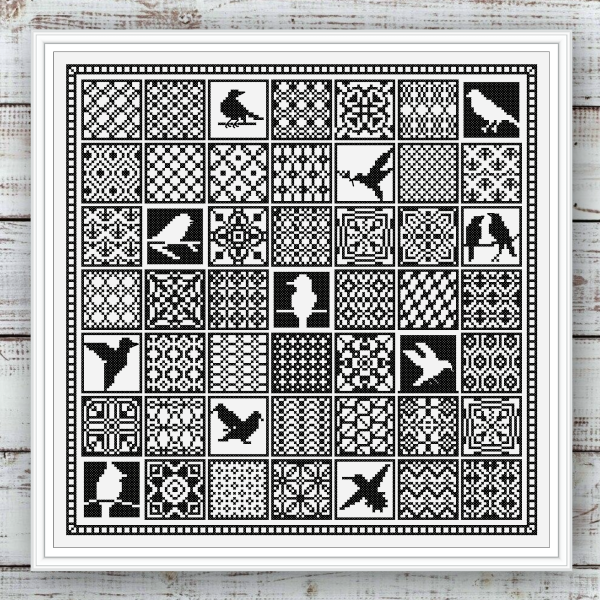 Cross Stitch Pattern Ornament Sampler Birds Monochrome Squares Digital PDF 100-2