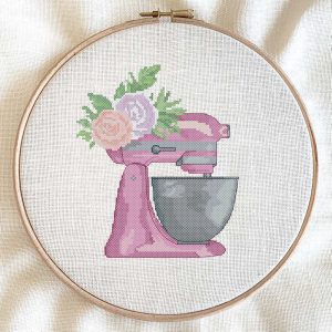 Baking cross stitch pattern vintage pink mixer with flowers