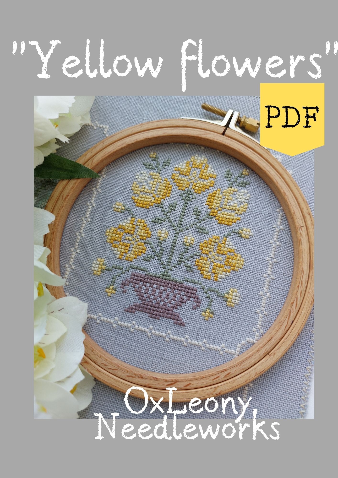 Yellow Flowers cross stitch pattern, Small Primitive Sampler 6 primitive sampler