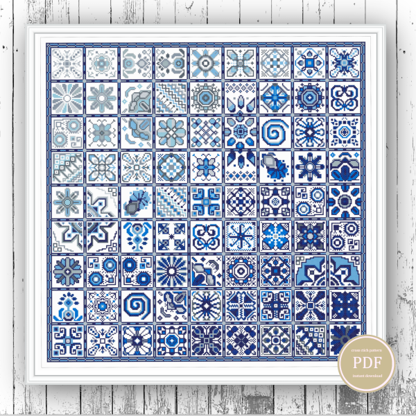 Cross Stitch Pattern Patchwork Tiles Blue Sampler Geometric Squares 87
