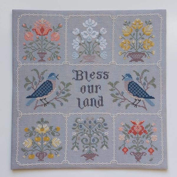 Bless our land Primitive Cross stitch pattern, Flowers Sampler, PDF Instant Download