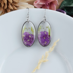 Purple real flower earrings. Resin plant earrings for women