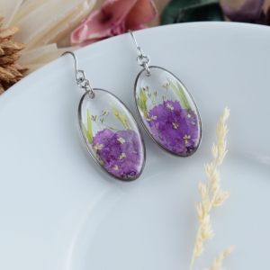 Purple real flower earrings. Resin plant earrings for women