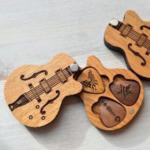 Guitar picks holder with three picks, custom personalized wooden pick case for gift