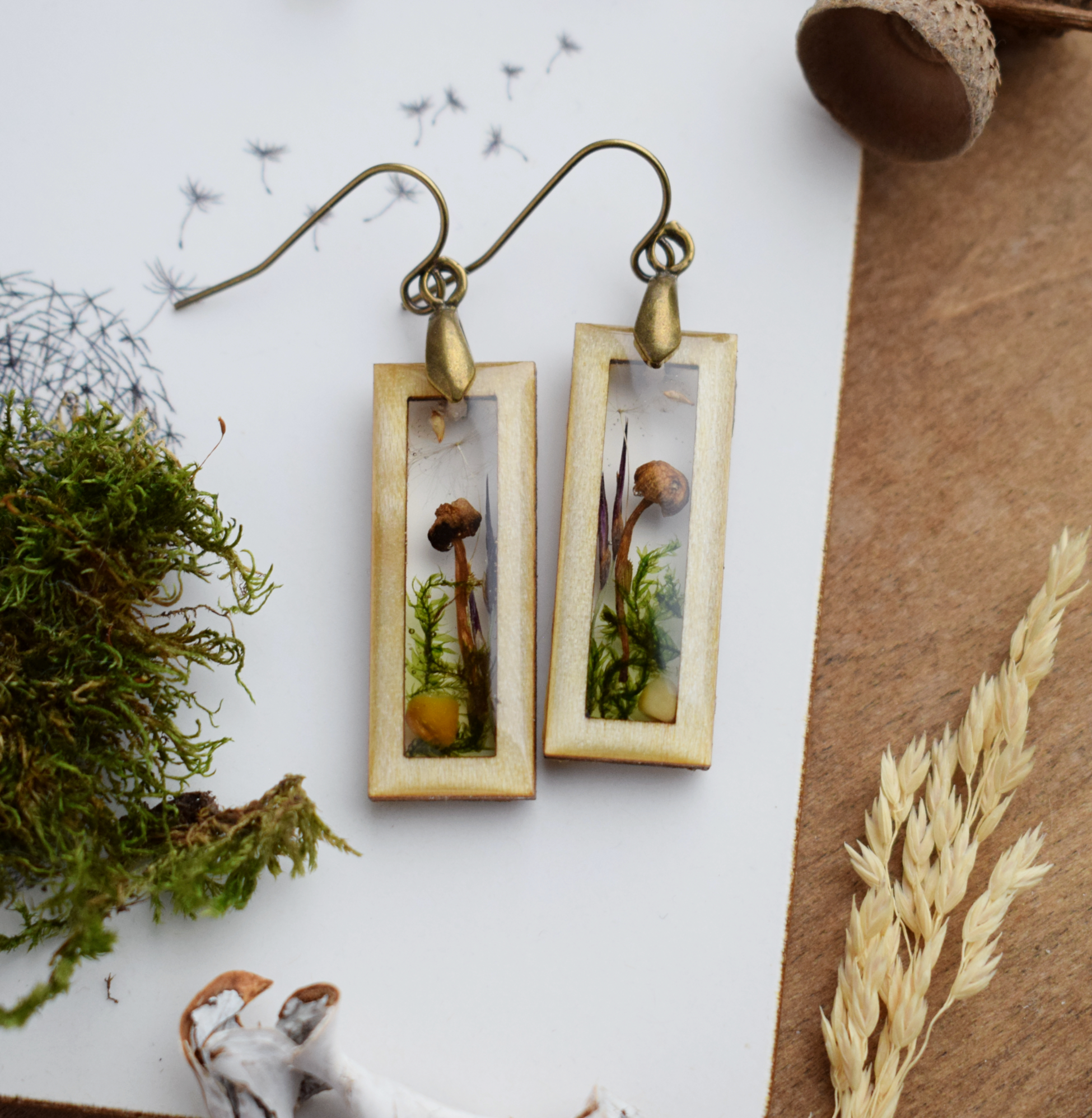 Mushroom Earrings Wooden Earrings With Real Tiny Mushrooms Crealandia