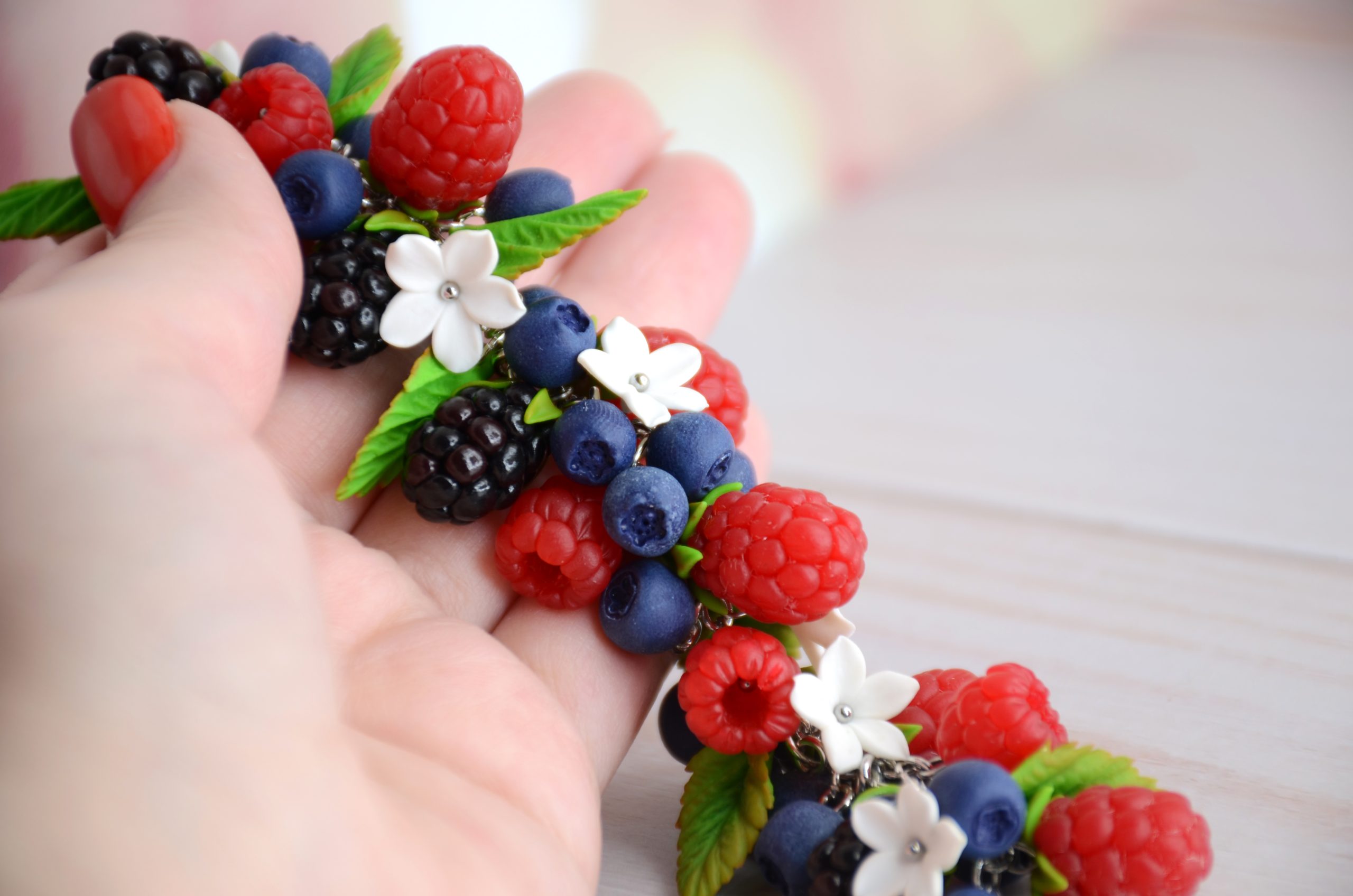 Realistic Raspberry Blackberry Flowers And Blueberry Bracelet Crealandia
