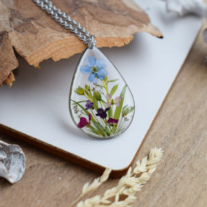 Real flower necklace with wildflowers. Pressed flower pendant