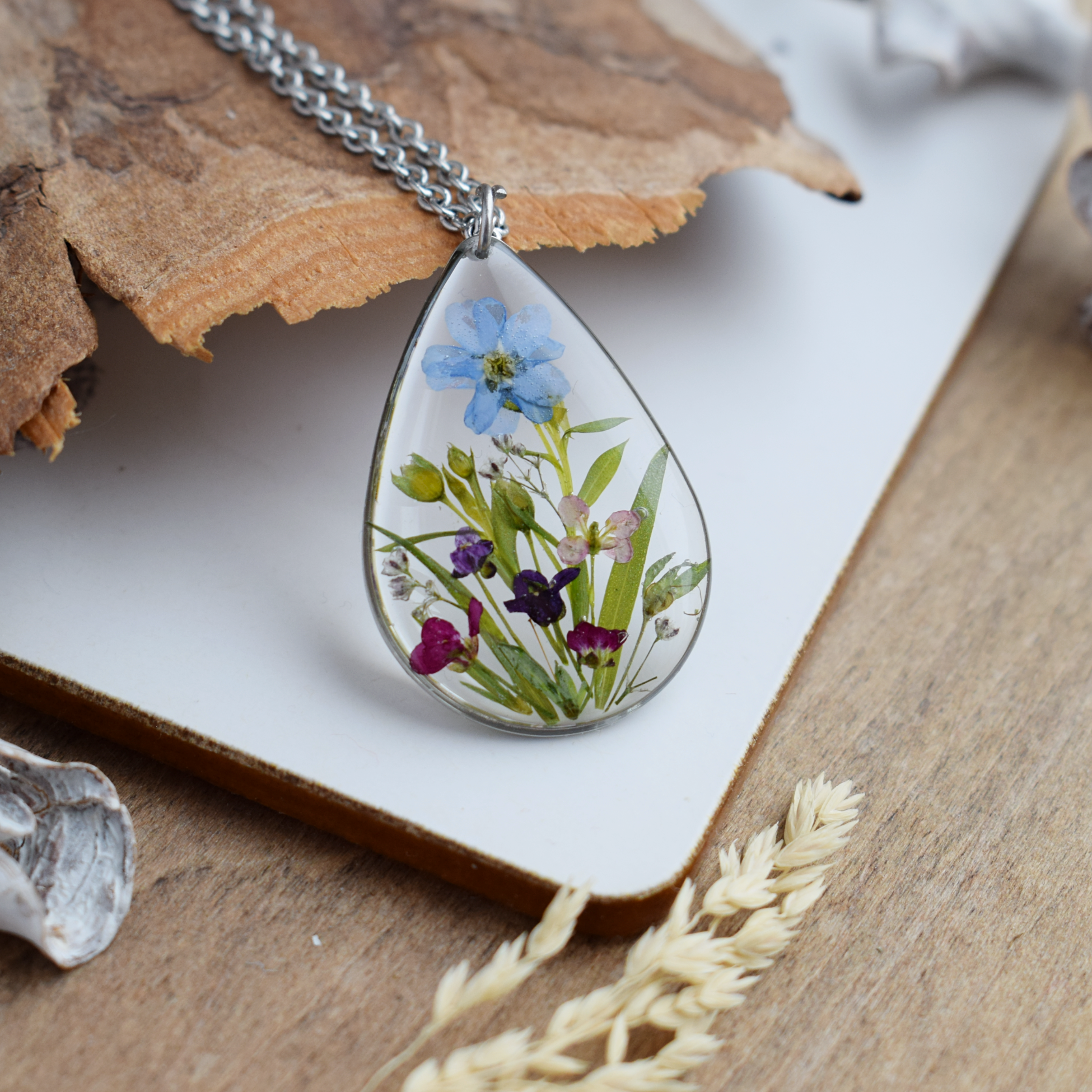 Flower Necklace Polymer Clay Botanic Pendant Stainless Steel