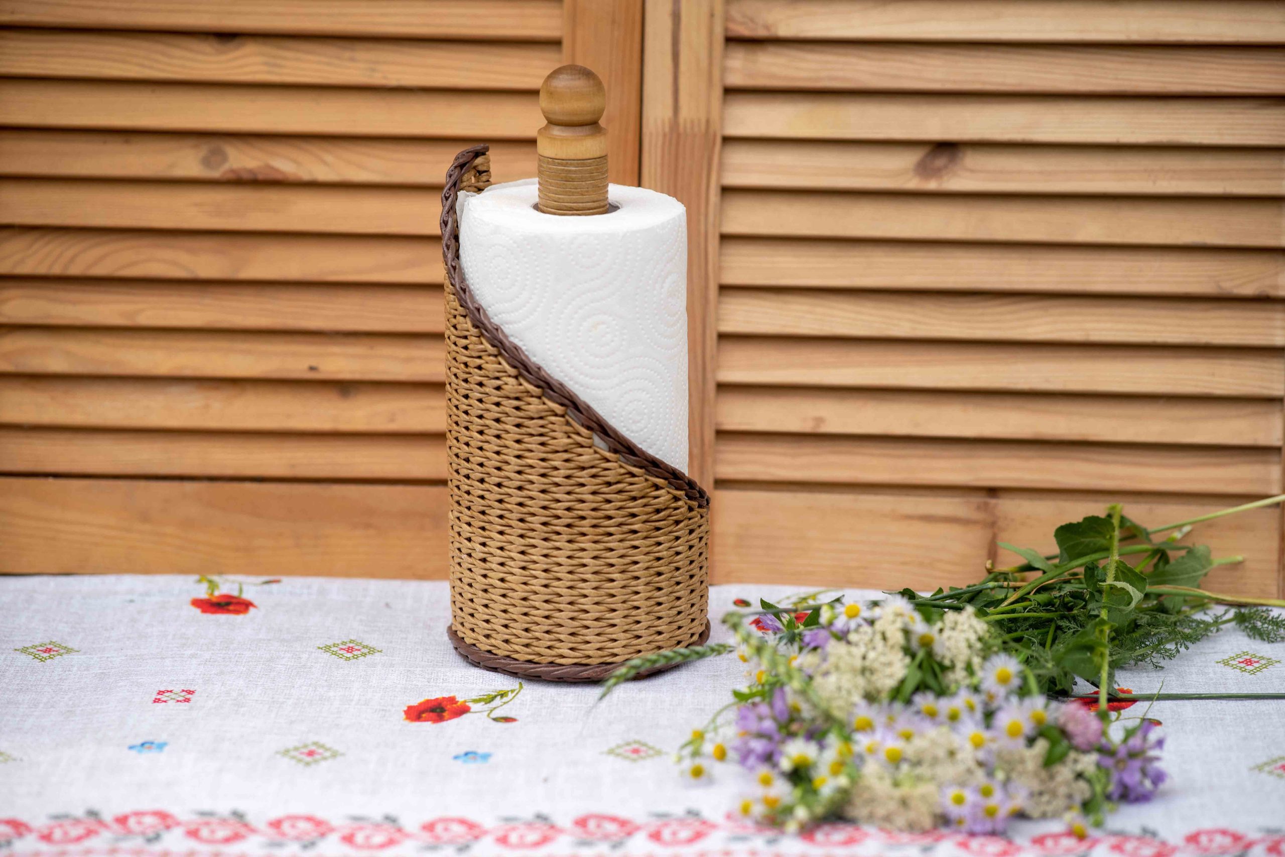 Standing paper towel holder Brown wicker kitchen roll holder