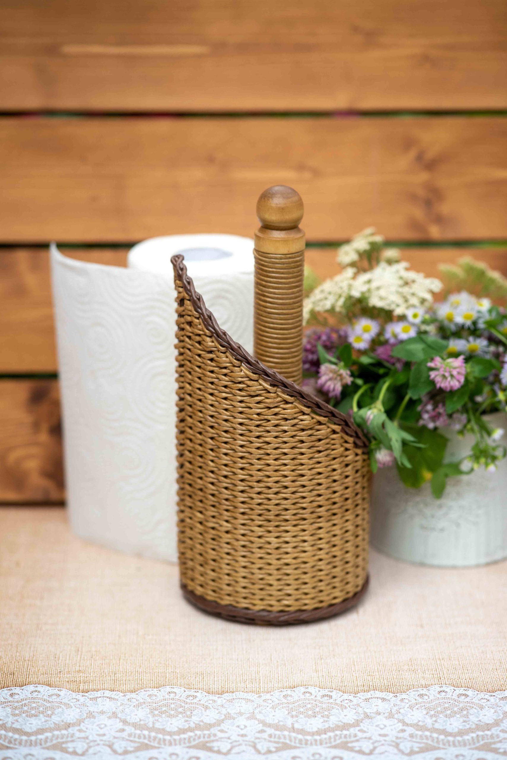 Standing paper towel holder Brown wicker kitchen roll holder