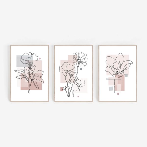 Floral Line Drawing,Pink Home Decor,Flowers Print , Set Of 3 Prints,Botanical Line Art, Line Drawing